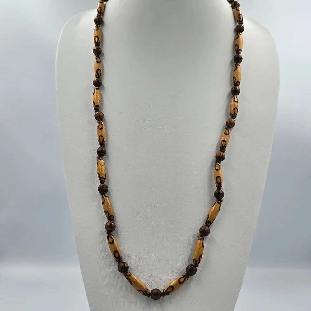 Vintage 90s Brown Wood Chunky Bead Necklace Earthy Statement Fashion Jewelry